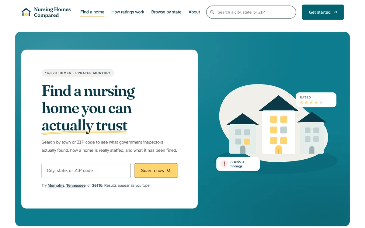 The Nursing Homes Compared homepage: a search box over a teal panel reading Find a nursing home you can actually trust.